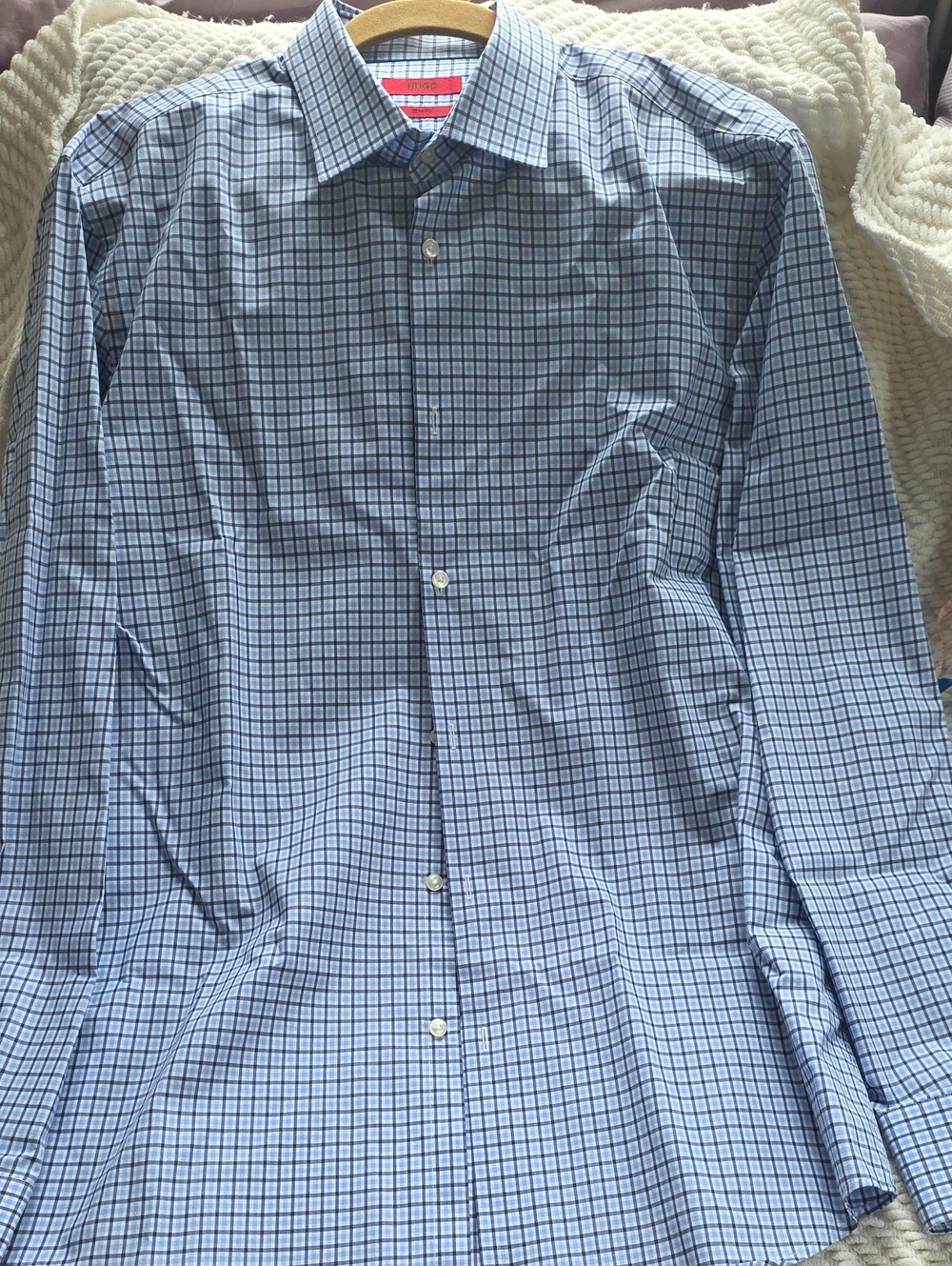 Men's Hugo Long Sleeve Shirt Gray Blue & White Plaid. Widespread Collar.